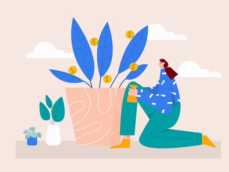 Illustration of a woman watering a plant growing coins and money.